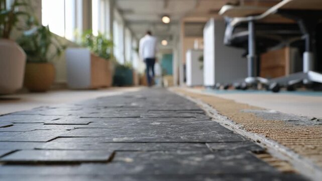 Medium shot of recycled composite flooring being laid in an office space showcasing durable green materials for an environmentally conscious renovation.