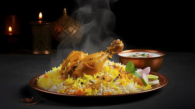 Chicken Biryani with Fragrant Basmati and Exotic Spices, food stock video, boryani video, festival food, seamless looping, 4k video looping, dinner stock videos, food recipes, youtube videos, stock ai
