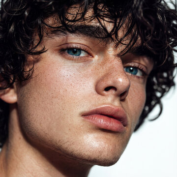Jeune mod&egrave;le homme aux cheveux boucl&eacute;s noir et barbe naissante regardant la cam&eacute;ra, la bouche l&eacute;g&egrave;rement ouverte, taches de rousseur, mal ras&eacute;, yeux bleus, regard per&ccedil;ant, en gros plan