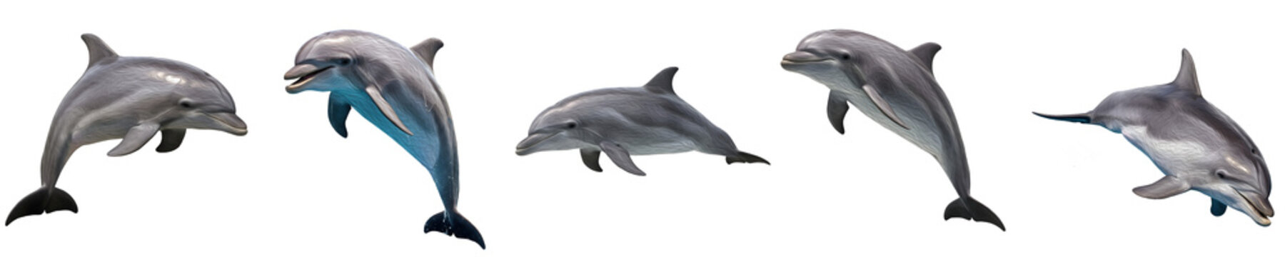 Bottlenose Dolphin Tursiops Truncatus jumping in different poses isolated on white background, group of intelligent marine mammals with grey skin and fins for aquatic biology art image