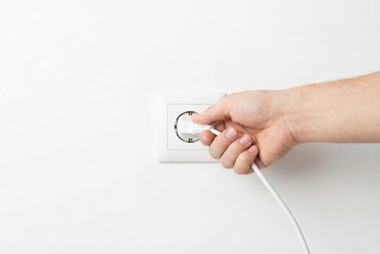 A person's hand plugs a white electrical cord into a European-style wall socket, connecting to the power supply.