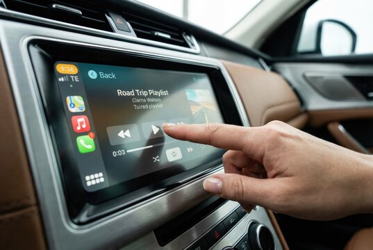 A driver uses their finger to select a song from a 'Road Trip Playlist' on a modern car's dashboard touchscreen infotainment system.