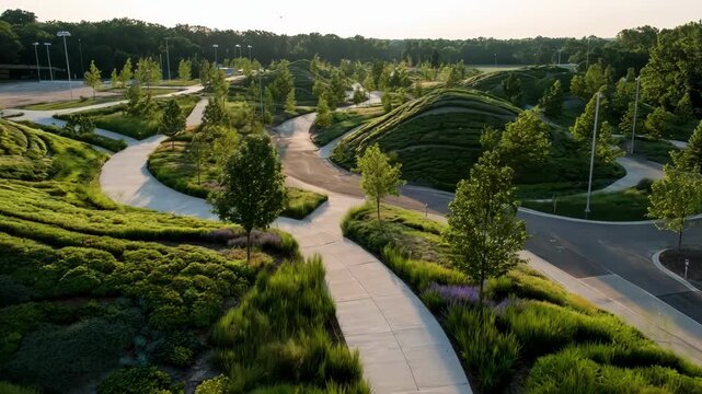 Medium shot of ecofriendly landfill landscaping with lush trees and green pathways emphasizing sustainable environmental design