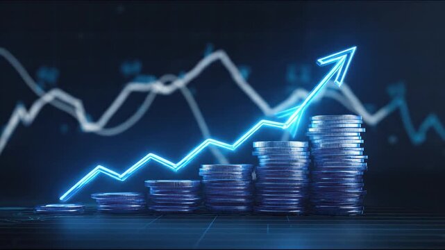 Glowing blue arrow rising over stacked coins, with background graph lines