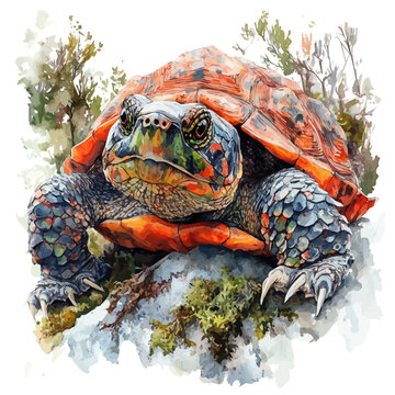 watercolor graphic of Snapping Turtle illustration, isolated on a white background.