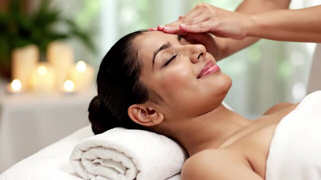 Woman receiving relaxing head massage in spa with candles in background