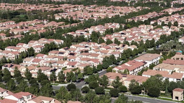 Aerial view of neighborhood houses and homes or housing development in Irvine California.