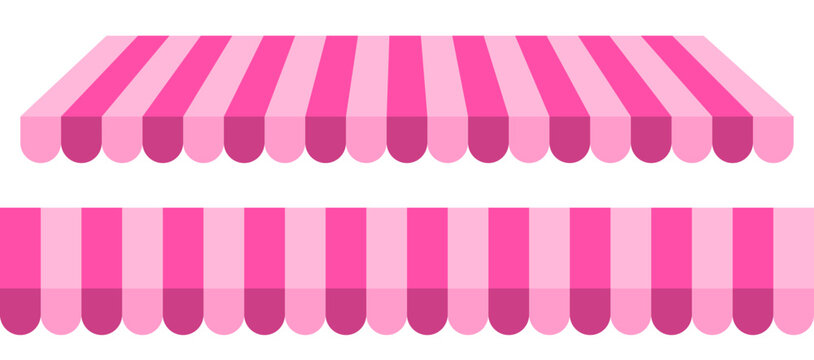 Two pink striped shop awning in flat and perspective view. Vector illustration of a vintage store or market canopy on transparent background. Seamless pattern stripes store awning.