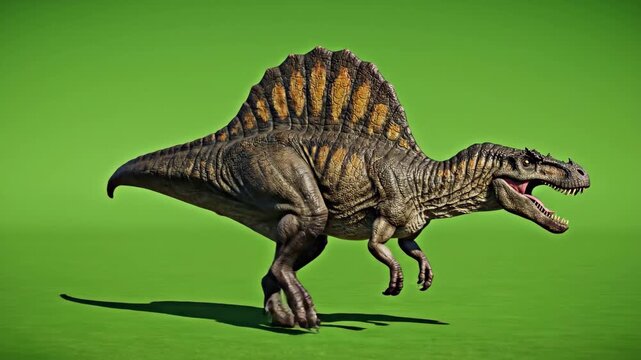 Realistic spinosaurus dinosaur with sail on green screen background