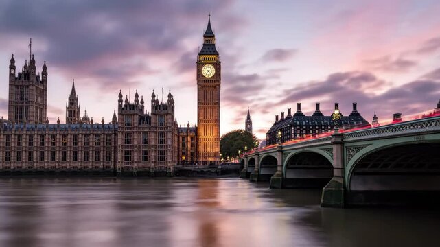 Big ben and the houses of parliament at sunset over the river thames, london