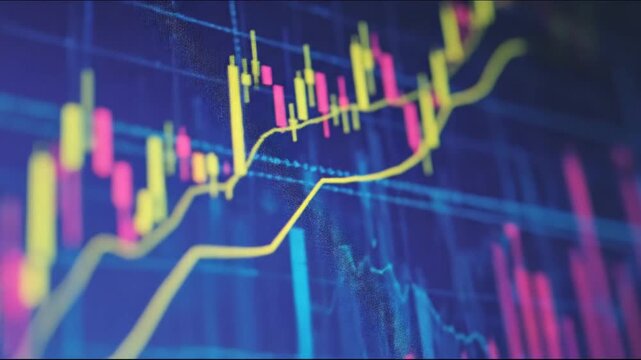 Financial chart display with candle sticks and trend lines, showing market fluctuation