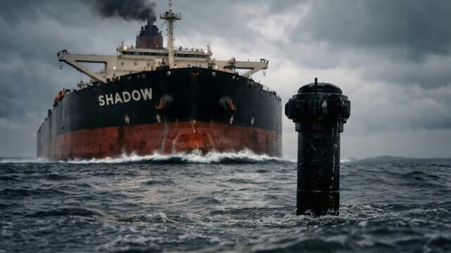 Shadow fleet oil tanker navigating choppy waters under surveillance. Submarine periscope monitoring maritime transport during overcast weather.