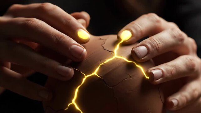 Woman&rsquo;s hands repairing a broken pottery piece with glowing kintsugi cracks. Concept of mending, resilience, and beauty in imperfection.