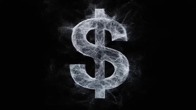 A dollar sign composed of white particulate matter on a black backdrop