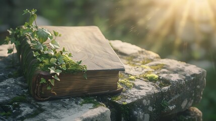 A forgotten magic book lies on a stone surface in a forest. Vines and moss cover its surface as sunlight breaks through the trees at sunset