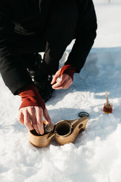 two wooden tea cups. 