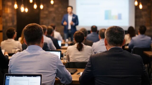 Speaker presents to an audience in a conference room
