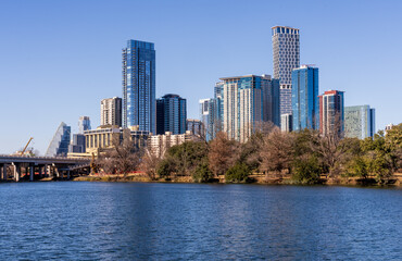 Naklejka premium City skyline of downtown Austin Texas in 2026 from across Lady Bird Lake in the winter