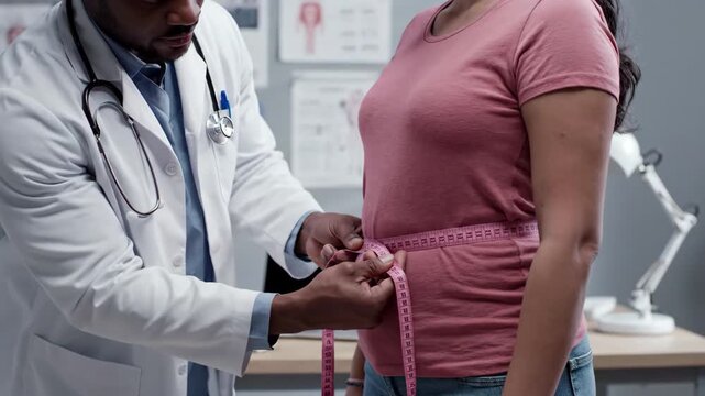 Doctor measuring waist circumference of overweight female patient during medical checkup