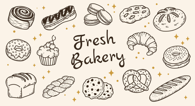 Fresh Bakery Doodles Vector Set &ndash; Hand Drawn Bread and Pastry SVG