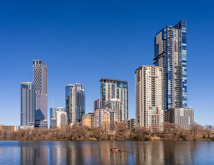 Fototapeta premium City skyline of downtown Austin Texas in 2026 from across Lady Bird Lake in the winter