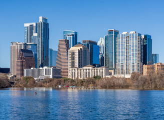 Fototapeta premium City skyline of downtown Austin Texas in 2026 from across Lady Bird Lake in the winter