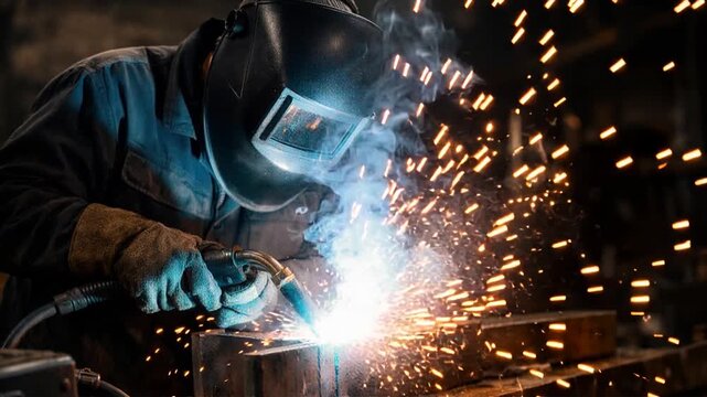 Workshop welding with intense light and flying sparks