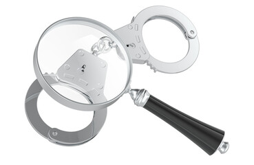 Magnifying glass with handcuffs. Investigation and crime search concept, 3D rendering