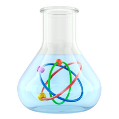 Chemistry and science education concept. Flask with liquid and atom symbol inside, 3D rendering