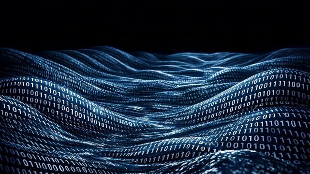 Information waves consisting of white binary code flowing over dark blue surface. Seamless loop