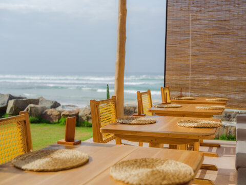 Terrace overlooking the ocean at seaside cafe 