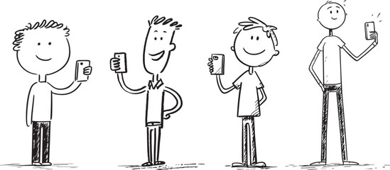 Simple black and white hand drawn stick figure characters holding smartphones, representing mobile communication and social media. Selfies