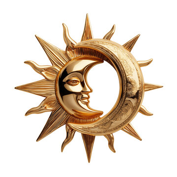 Golden celestial sun and moon face emblem, isolated on white background, png