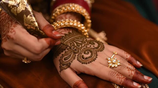 Woman decorates arm with henna at traditional indian festival, mehndi or body art application for ceremony