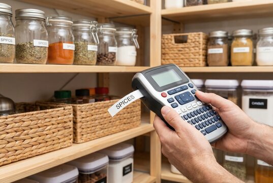 A person using a label maker to print a 'SPICES' label for organizing a pantry with neatly arranged jars.