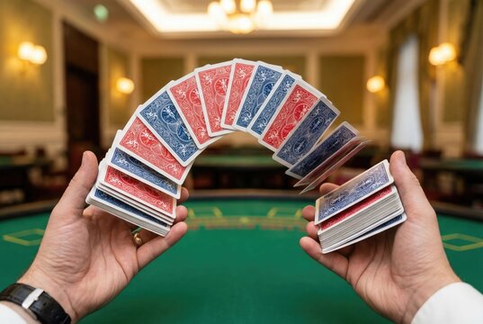 A magician's hands performing a cardistry flourish, fanning a deck of playing cards over a green casino table.