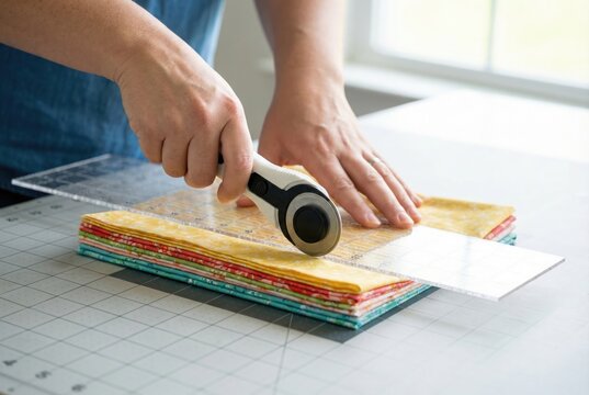 A person's hands using a rotary cutter and a clear ruler to precisely cut a stack of colorful fabrics for quilting.