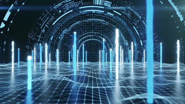 Abstract digital data flow tunnel with glowing blue light beams and wireframe grid