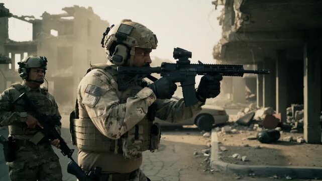Armed soldiers patrolling war-torn city street with ruined buildings. Panning shot of military squad in combat gear.