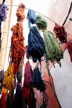 Colorful Dyed Yarn Hanging in Medina Alley