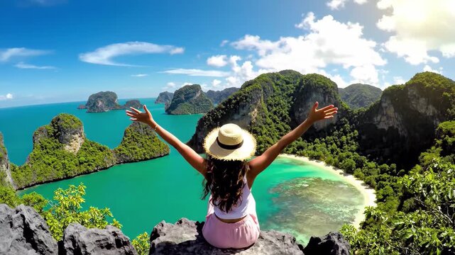 Woman with arms outstretched wearing a straw hat overlooking a tropical bay with lush green islands and turquoise water