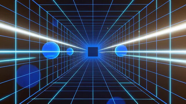 Futuristic blue grid tunnel with spheres