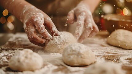 Hands shape dough into festive forms as flour covers the work surface in a warm kitchen. The smell of cookies fills the air while holiday lights twinkle