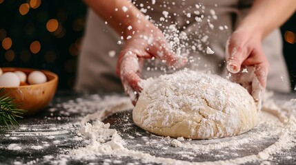 Obraz premium People are baking cookies in a cozy kitchen. They are mixing dough and preparing treats. The kitchen has a warm feel, with holiday decorations around