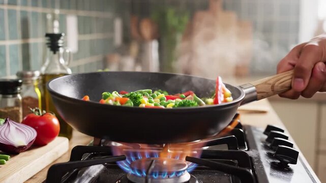 Tossing fresh vegetables in a wok over a lit gas stove burner in a kitchen setting