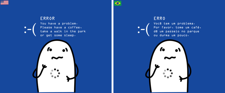 Funny minimalist doodle character frozen like a blue screen error