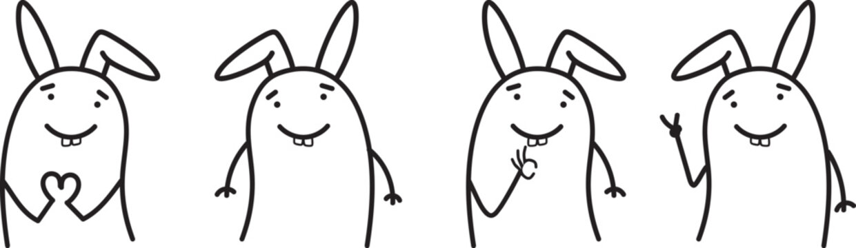Minimalist doodle Easter bunny character in different funny situations