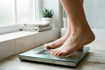 Fototapeta premium A person standing on a bathroom scale to check their weight, concept of diet and health.