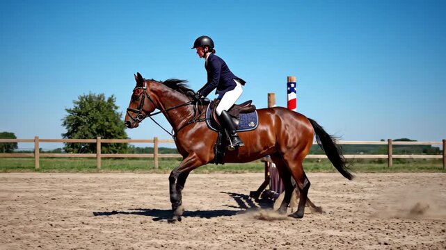 Equestrian show jumping competition rider and horse clearing an obstacle on a sunny day