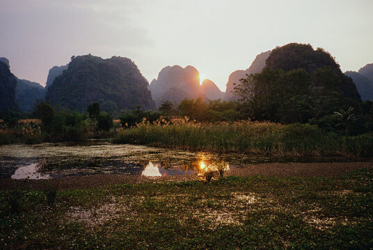 Sunset over the mountains in Viet Nam 